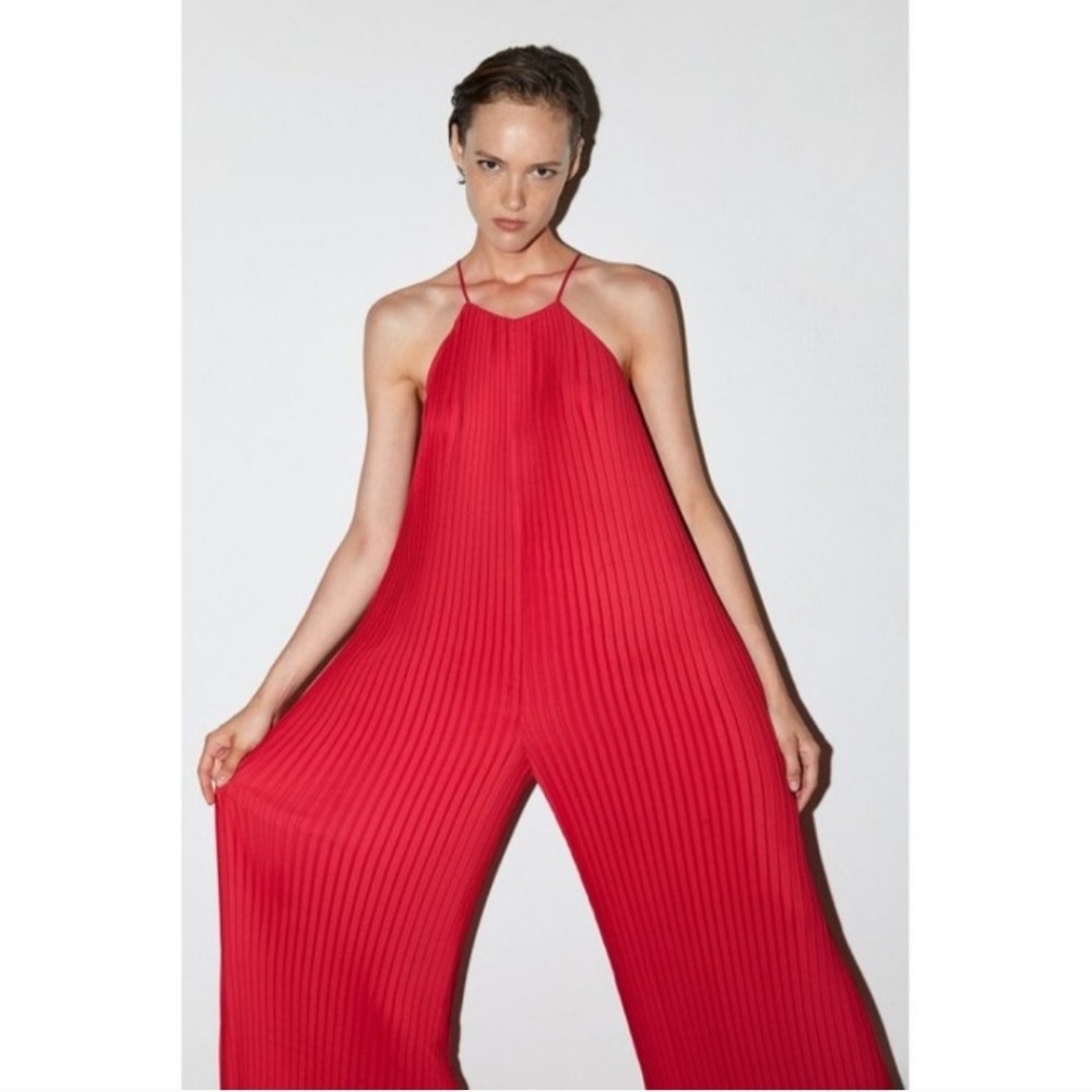 ZARA Pleated Halter Wide Leg Jumpsuit